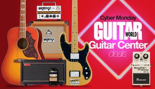 A selection of guitar gear including guitars, amps, and pedals