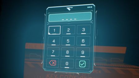 A holographic key code screen in Directive 8020.