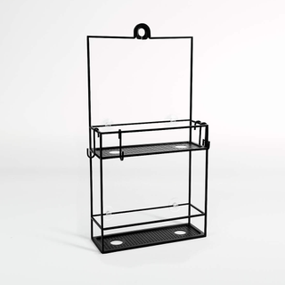 A black wire hanging geometric shower caddy