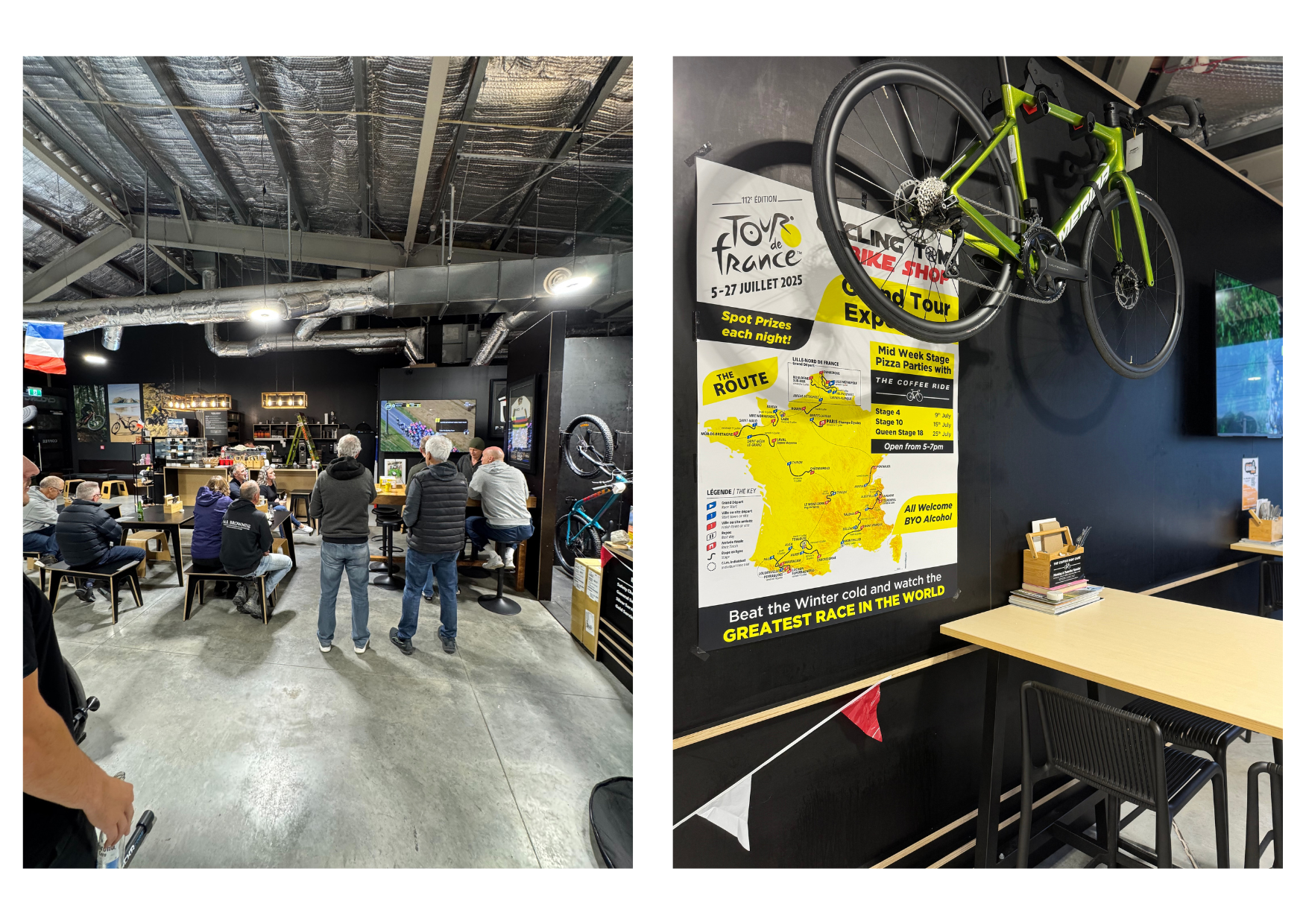 Men standing watching Tour de France inside