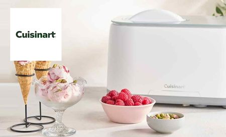 Cuisinart ice-cream maker next to strawberry icecreams