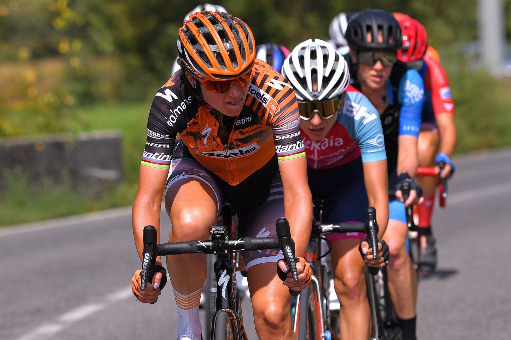TIVOLI ITALY SEPTEMBER 14 Chantal Van Den Broek Blaak of The Netherlands and Boels Dolmans Cycling Team Breakaway during the 31st Giro dItalia Internazionale Femminile 2020 Stage 4 a 1703km stage from Assisi to Tivoli 237m GiroRosaIccrea GiroRosa on September 14 2020 in Tivoli Italy Photo by Luc ClaessenGetty Images