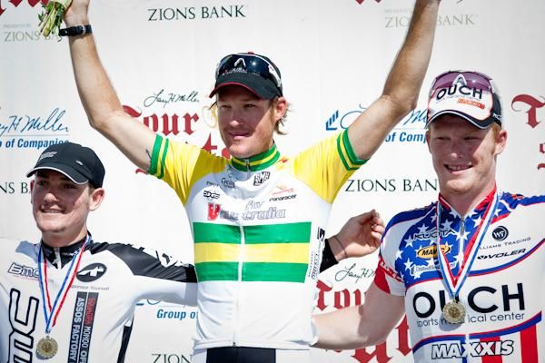 The final stage podium (l-r): Chris Barton (BMC), Bernard Sulzberger (Fly V Australia) and John Murphy (OUCH)