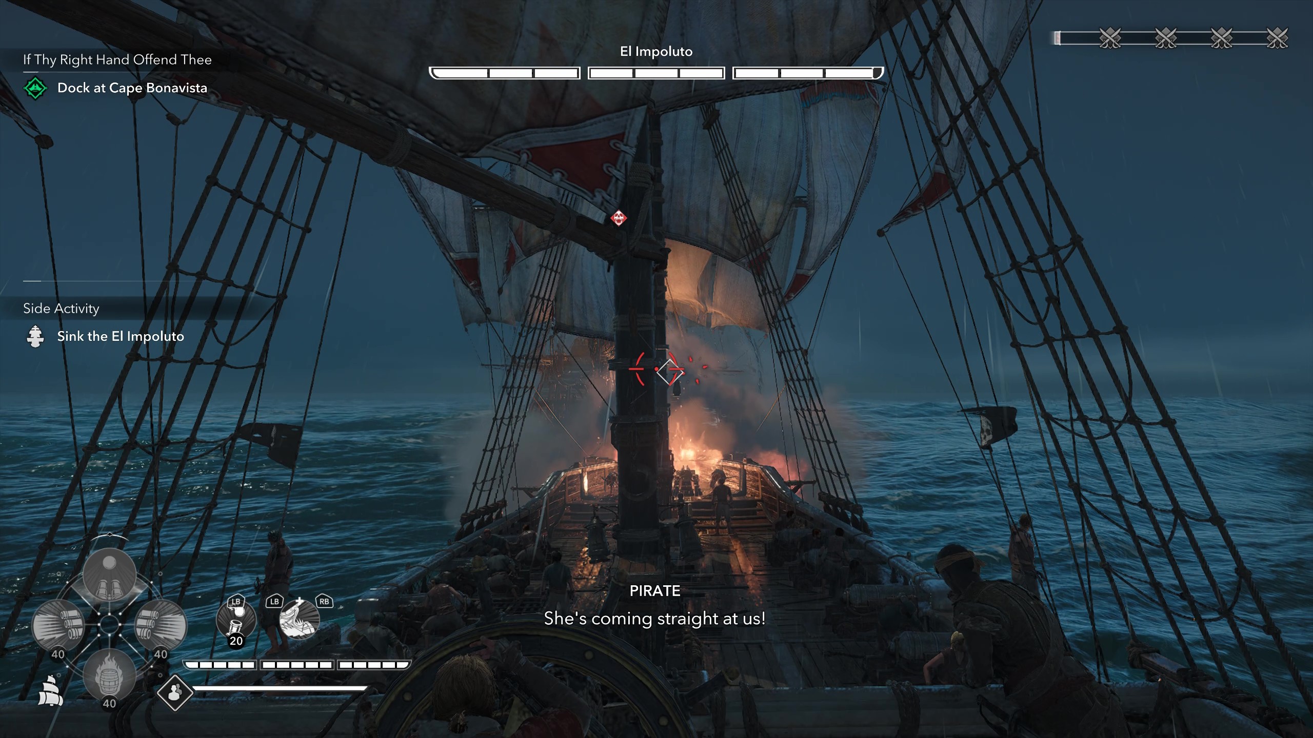 Gameplay of naval combat trading cannonballs against El Impoluto.