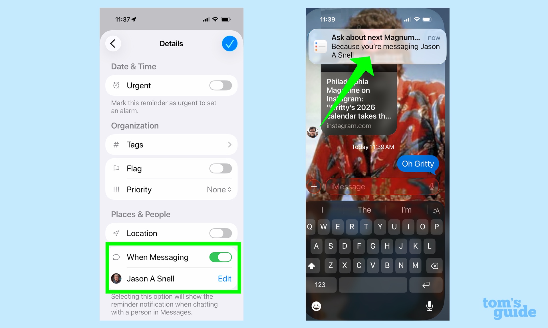 setting an alert in reminders that will appear when you text a specific person in Messages