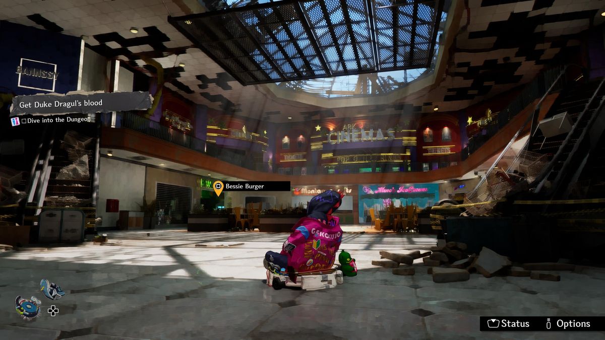 Entre as incursões em dungeons você pode explorar o mall em um Roomba, porque Davy é caracteristicamente lento fora do submundo