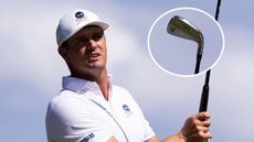 Bryson DeChambeau hits an iron shot with an insert of his iron close up