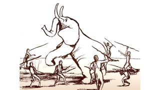 Illustration of elephant hunting using spears to take down the pachyderm.