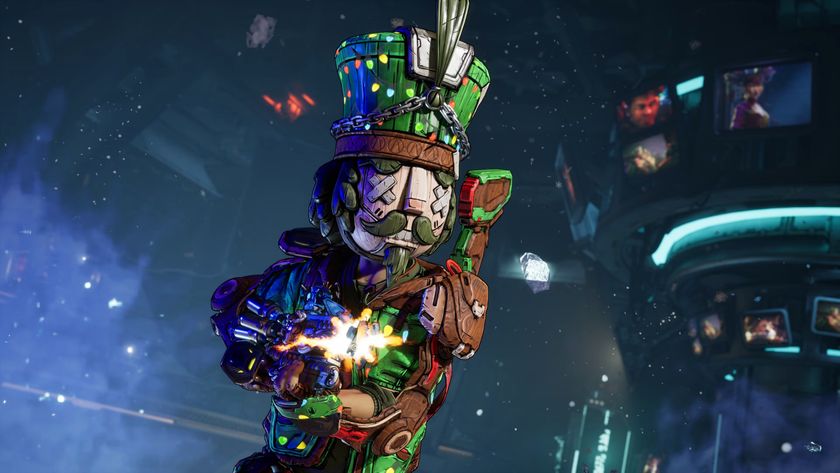 Borderlands 4 update: Rafa dressed up in a festive nutcracker skin while firing a weapon from his hip inside a dark, smoky building.