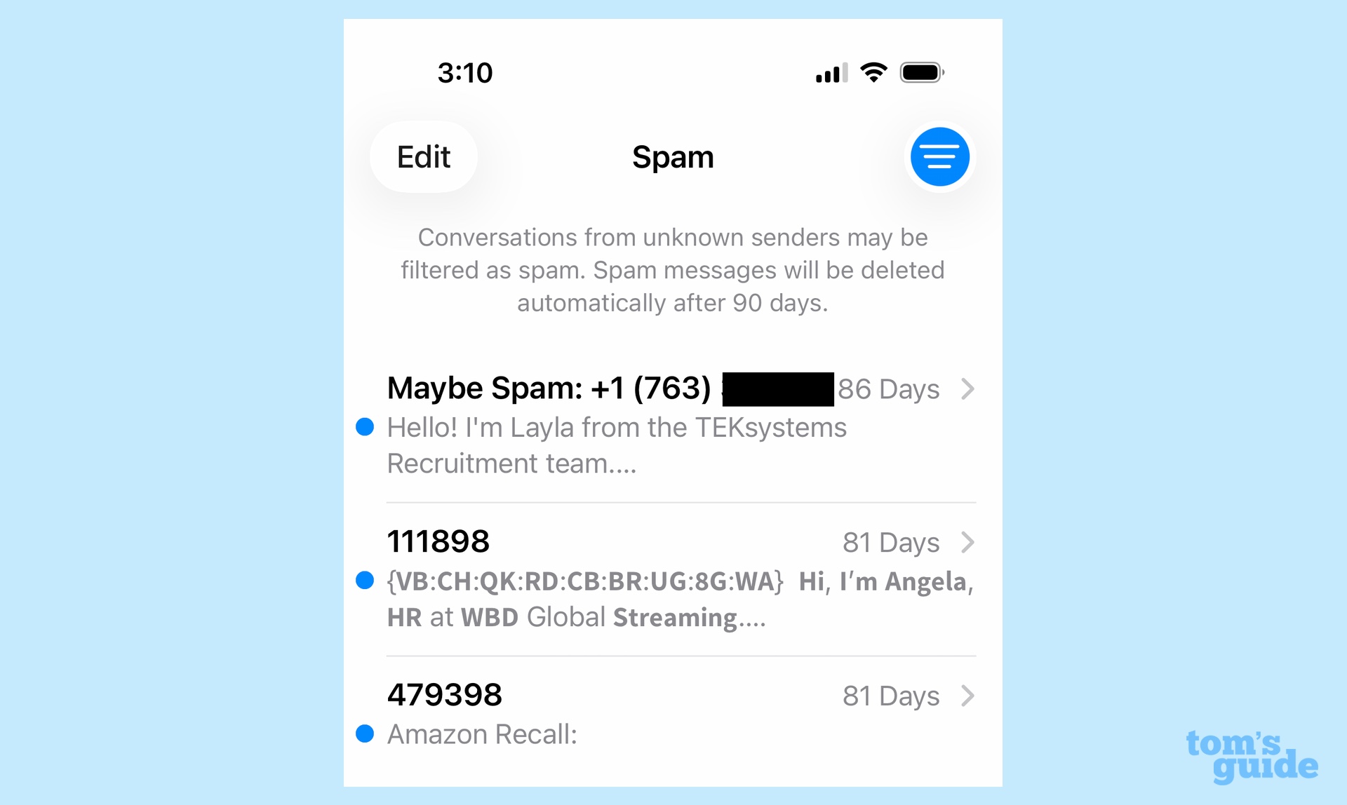 filtered spam messages in Messages