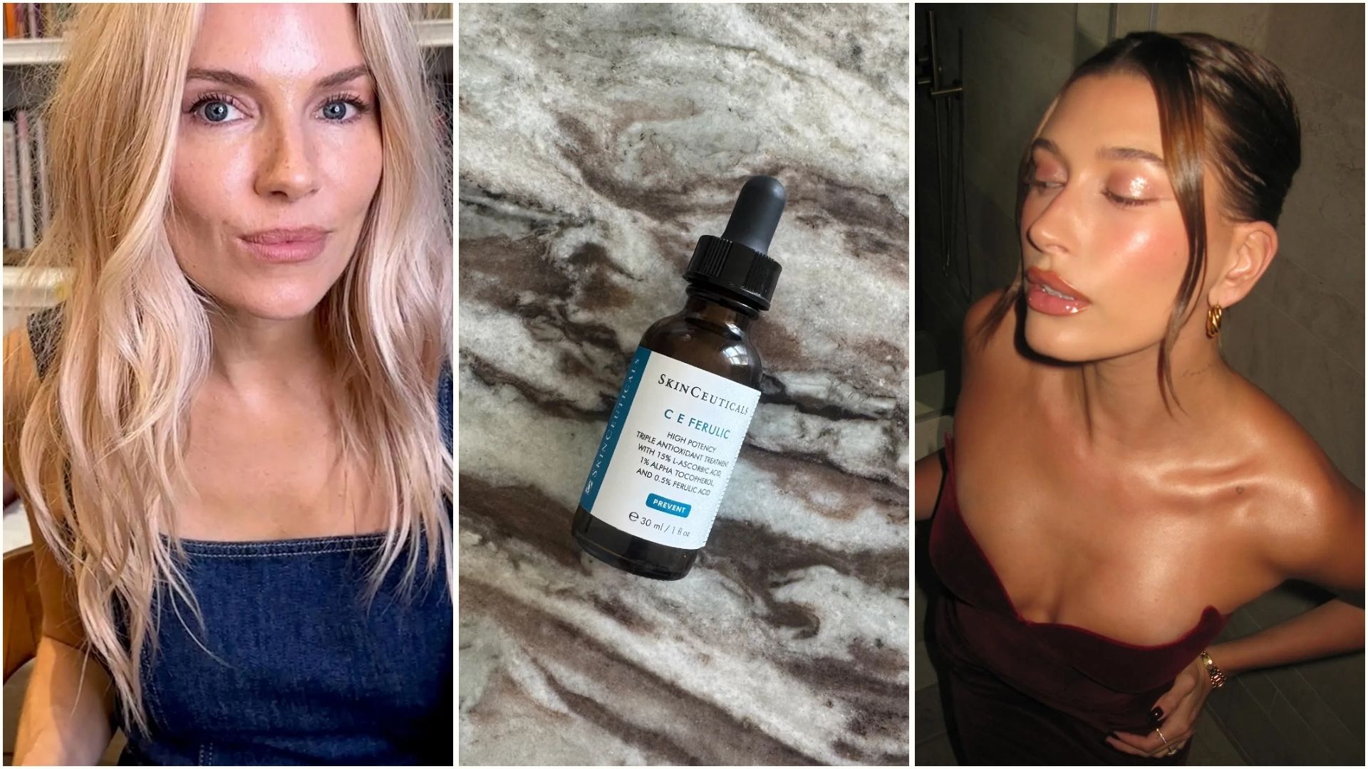 A collage featuring a bottle of Skinceuticals C E Ferulic serum, with a photo of Sienna Miller and Hailey Bieber
