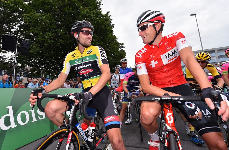 Tour de Suisse race leader Tom Dumoulin (Giant-Alpecin) and Swiss national champion Martin Elmiger (IAM Cycling)