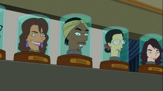 A still from Futurama, an animated comedy sci-fi tv show. Here we see four heads in a jar. From left to right: heads in a jar Paula Abdul, Snoop Dogg, Ruth Bader Ginsberg, and Bjork.
