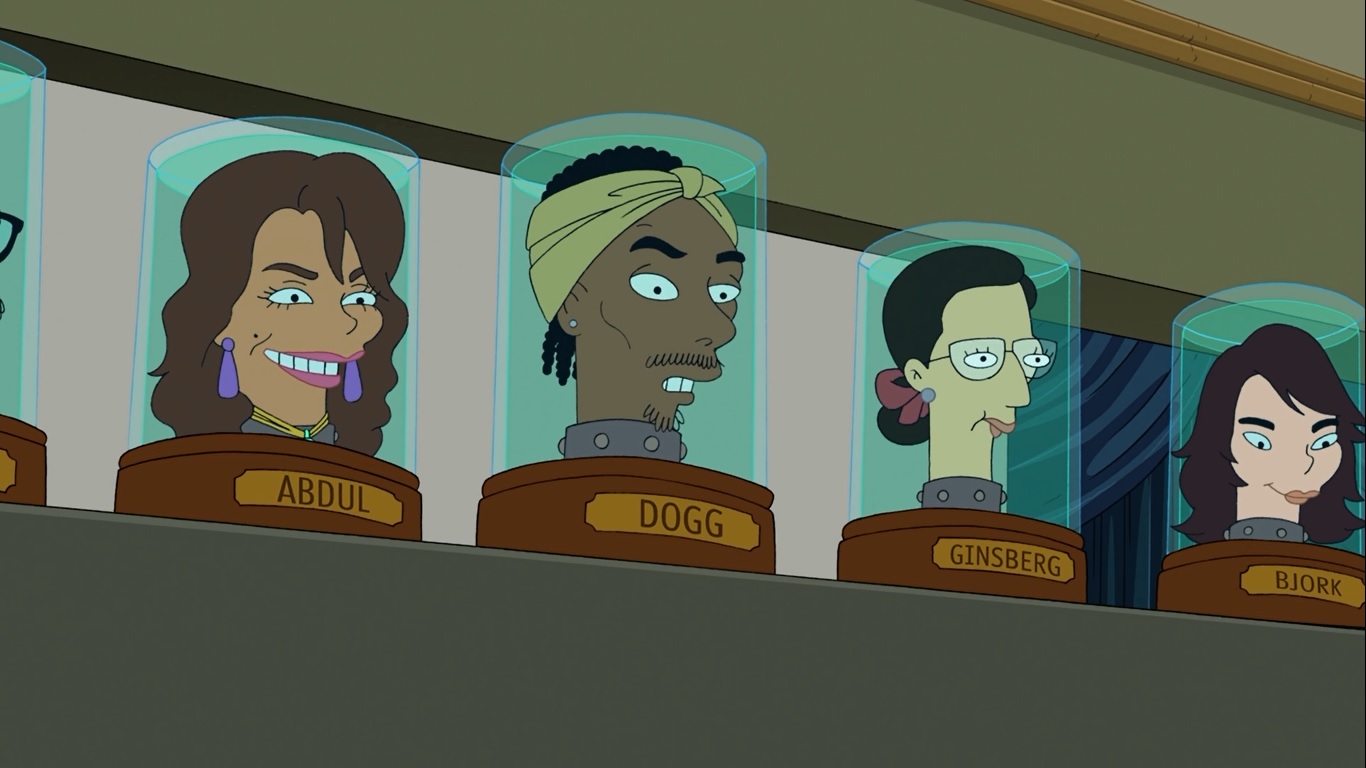 A still from Futurama, an animated comedy sci-fi tv show. Here we see four heads in a jar. From left to right: heads in a jar Paula Abdul, Snoop Dogg, Ruth Bader Ginsberg, and Bjork.