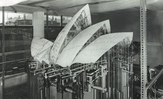 Black and white picture of Sydney Opera House model