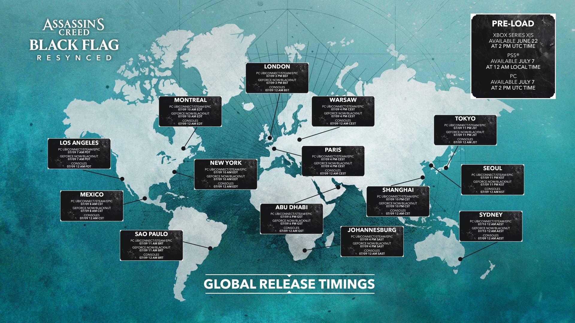 Assassin's Creed Black Flag Resynced global release timings map