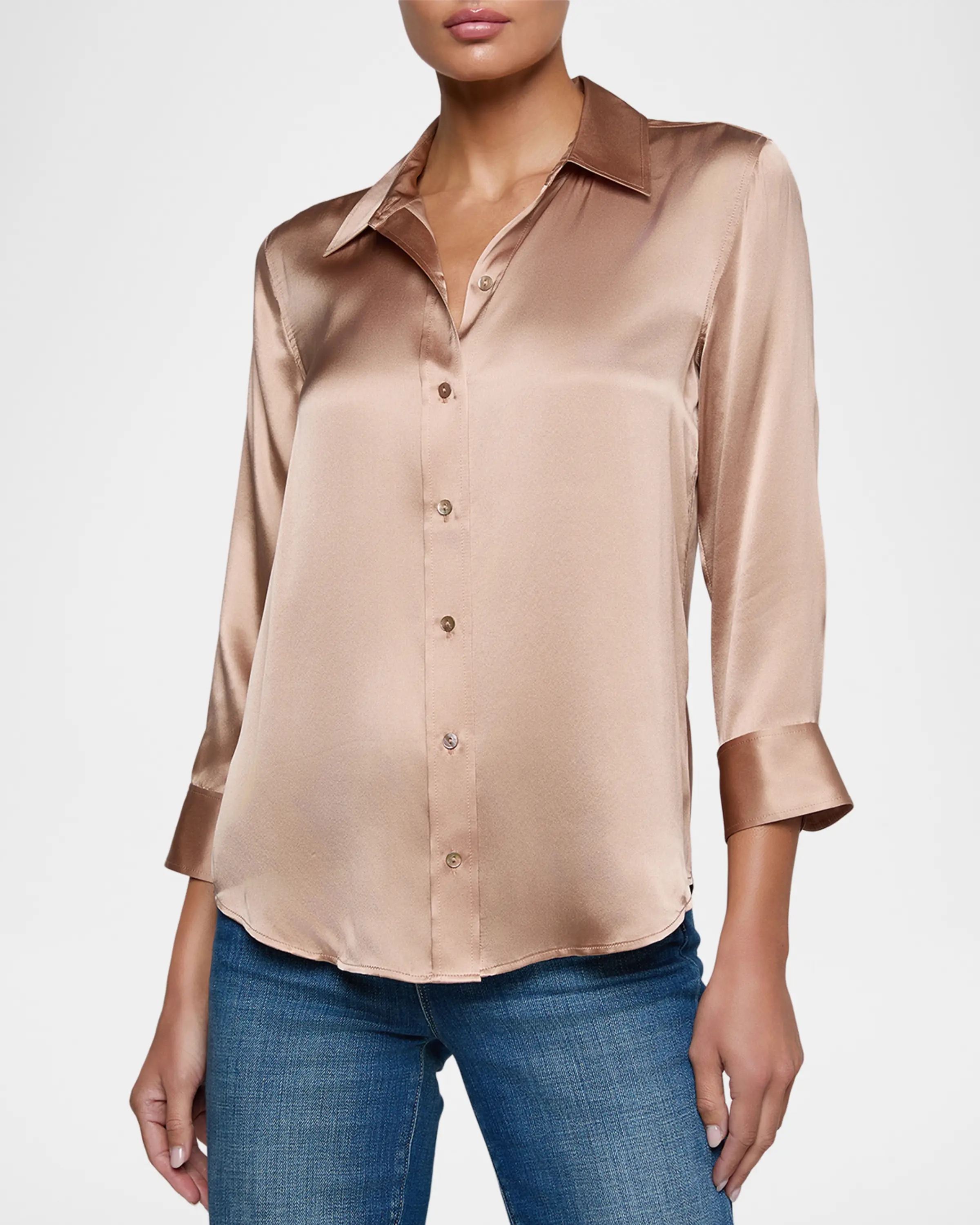 L'Agence, Dani Silk Satin 3/4-Sleeve Button-Down Blouse