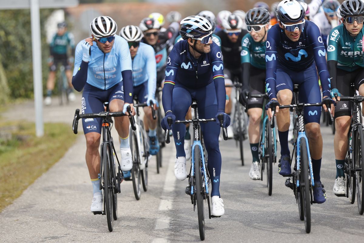 Gran Camino 2022 - 1st Edition - 1st stage Porrino - Vigo 166,4 km - 24/02/2022 - Alejandro Valverde (ESP - Movistar Team) - Jorge Arcas (ESP - Movistar Team) - photo Luis Angel Gomez/SprintCyclingAgency&Acirc;&copy;2022