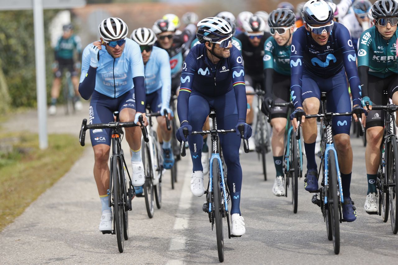 Gran Camino 2022 - 1st Edition - 1st stage Porrino - Vigo 166,4 km - 24/02/2022 - Alejandro Valverde (ESP - Movistar Team) - Jorge Arcas (ESP - Movistar Team) - photo Luis Angel Gomez/SprintCyclingAgency&Acirc;&copy;2022