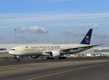 An airplane belonging to Saudi Arabian Airlines.