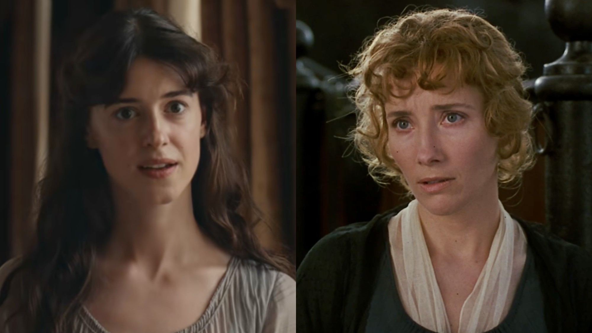 From left to right: Daisy Edgar-Jones in 2026's Sense and Sensibility and Emma Thompson in 1995's Sense and Sensibility. 