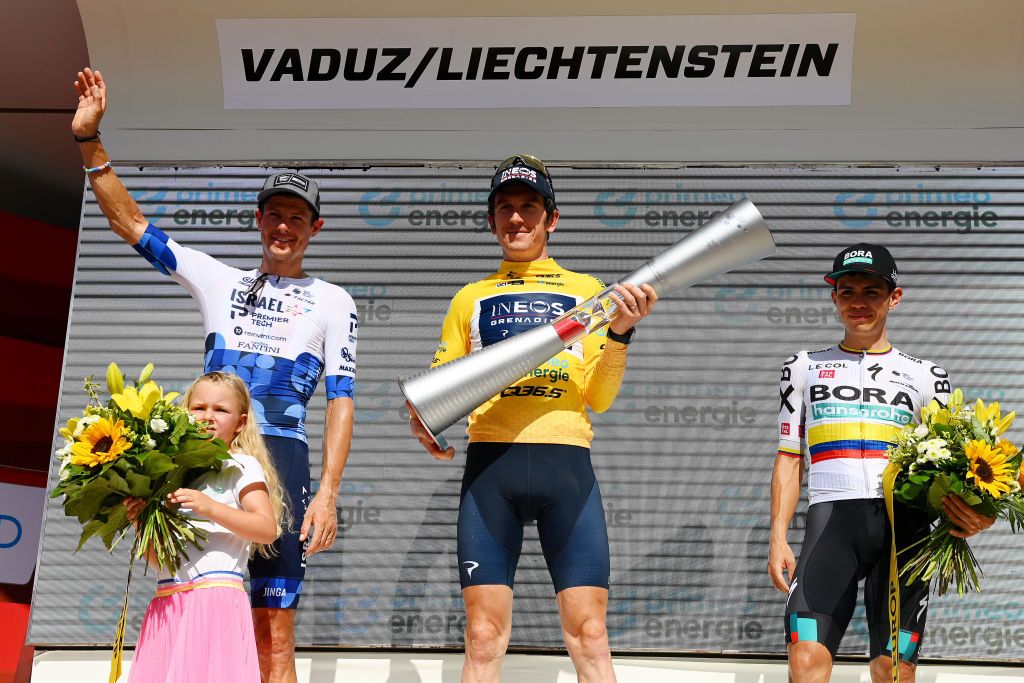 Geraint Thomas flanked by Jakob Fulgsang and Sergio Higuita on the Tour de Suisse podium
