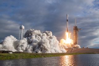 A SpaceX Falcon 9 rocket carrying the Es'Hail-2 communications satellite launches into space from Pad 39A of NASA's Kennedy Space Center in Cape Canaveral, Florida on Nov. 15, 2018. SpaceX will reuse this rocket's first stage for the Amos-17 mission on Aug. 6.