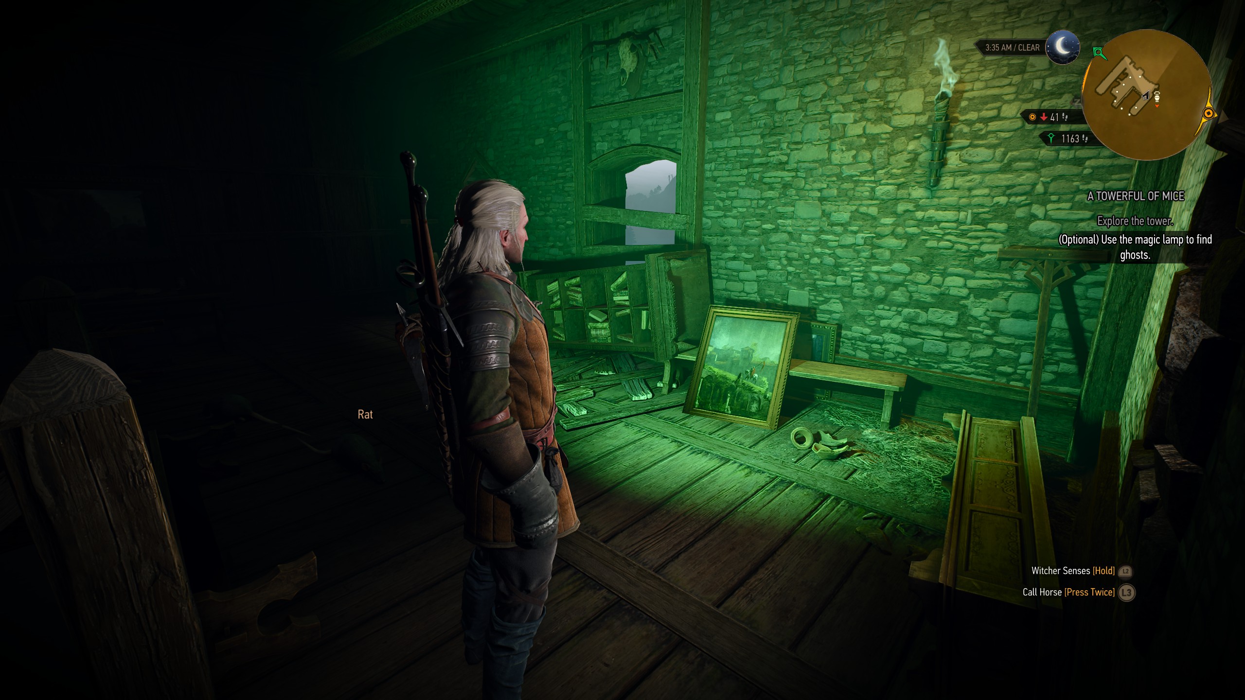 The Witcher 3 screenshots from quest 'A Towerfull of Mice', depicting scenes of a gloomy river and tower haunted by a Plague Maiden