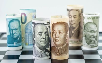 US Dollar and China bank roll at front surrund with world major countries, india, japan, europe and uk on chessboard, US and China trade war, global financial economy concept.
