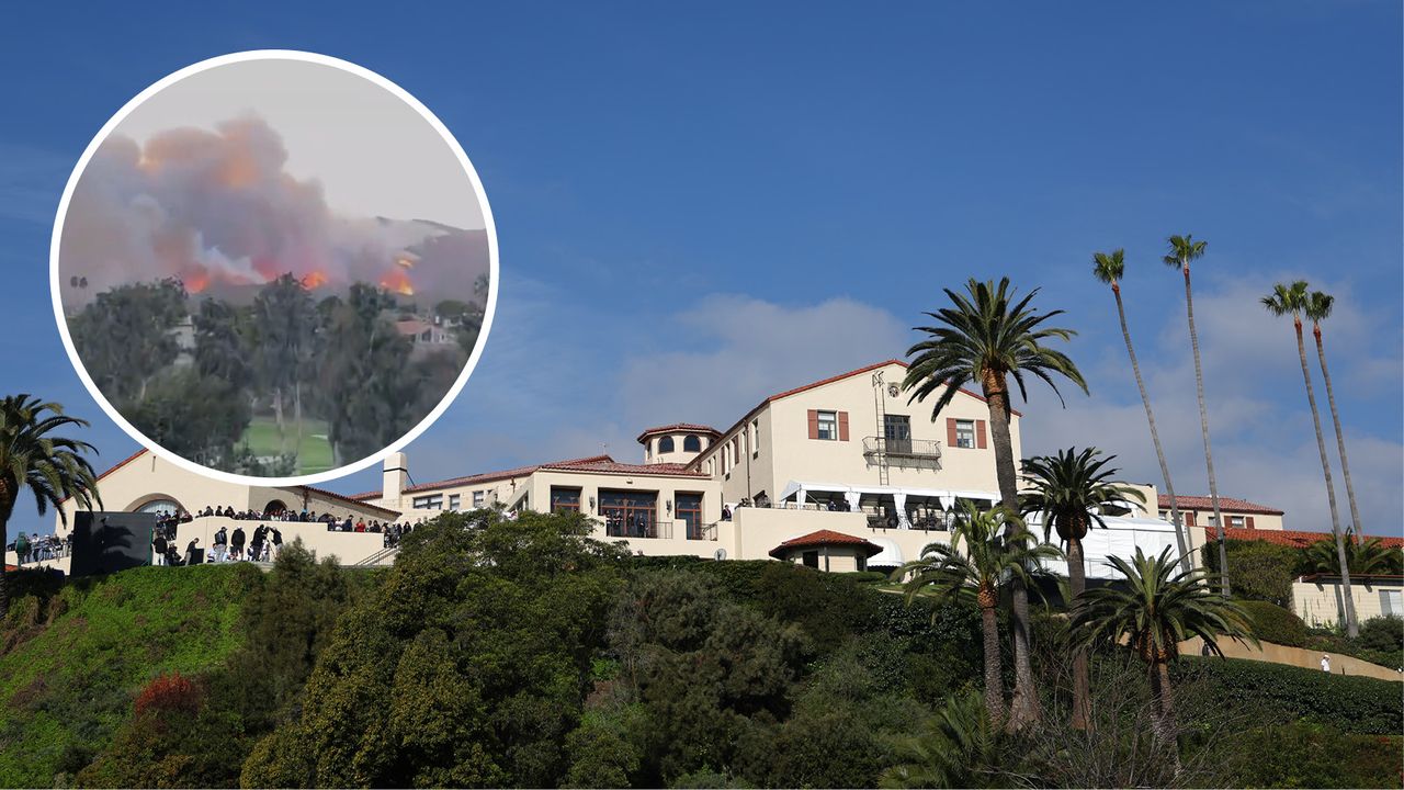 Main image is a general view of Riviera CC&#039;s clubhouse while inset image is a screenshot of the LA wildfires from Riviera CC