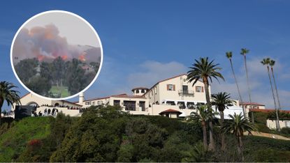 Main image is a general view of Riviera CC&#039;s clubhouse while inset image is a screenshot of the LA wildfires from Riviera CC