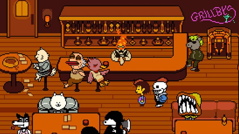 A cropped screenshot from Undertale, showing Frisk and Sans standing in Grillby&#039;s in Snowdin.