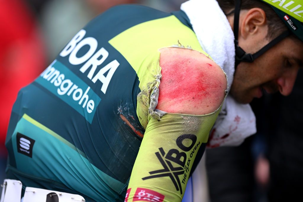 LAGOS PORTUGAL FEBRUARY 14 Marco Haller of Austria and Team BORA hansgrohe injured after being involved in a crash after the 50th Volta ao Algarve em Bicicleta 2024 Stage 1 a 2008km stage from Portimao to Lagos on February 14 2024 in Lagos Portugal Photo by Dario BelingheriGetty Images