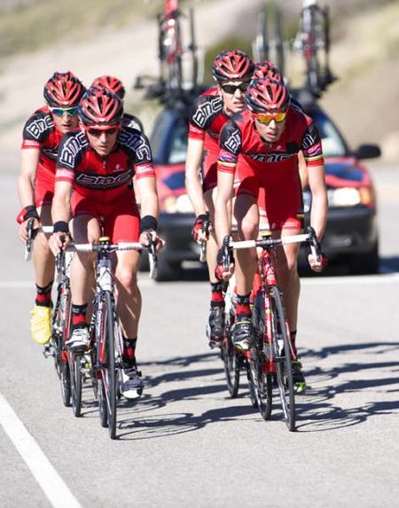 Former World Road Champion Alessandro Ballan leads a group along the highway, en route to the ocean.