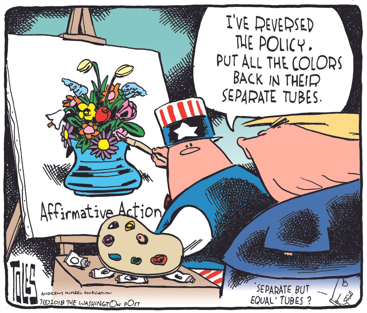 Political cartoon U.S. Trump affirmative action painting separate but equal