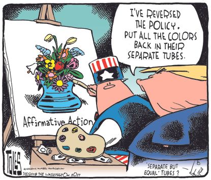 Political cartoon U.S. Trump affirmative action painting separate but equal