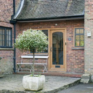 house with brick wall and front door with plant on pot