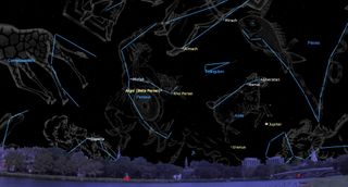 constellations are outlined in the night sky, including perseus, pisces and aries, which is above jupiter