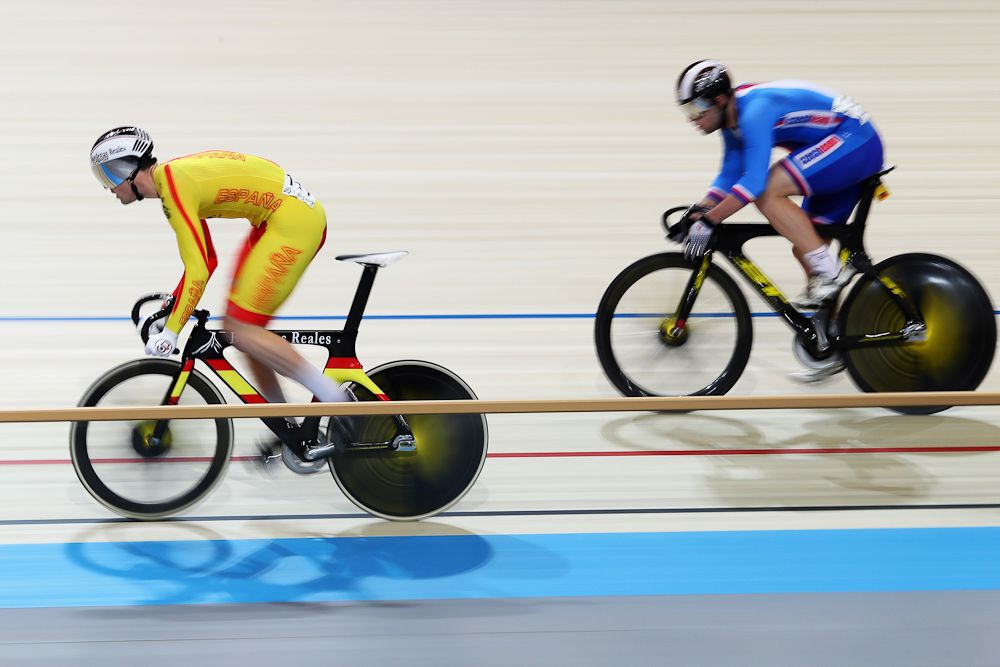 David Sojka of Czech Republic and Juan Peralta Gascon of Spain compete in the Men's Sprint 1/16 Finals