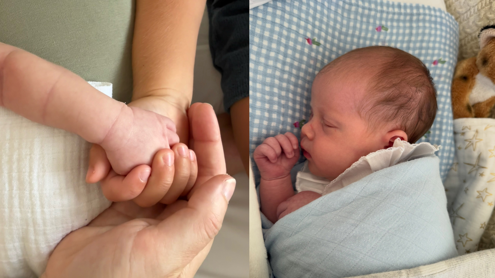 A split image of three people holding hands and Adelaide Brooksbank wrapped in a blanket
