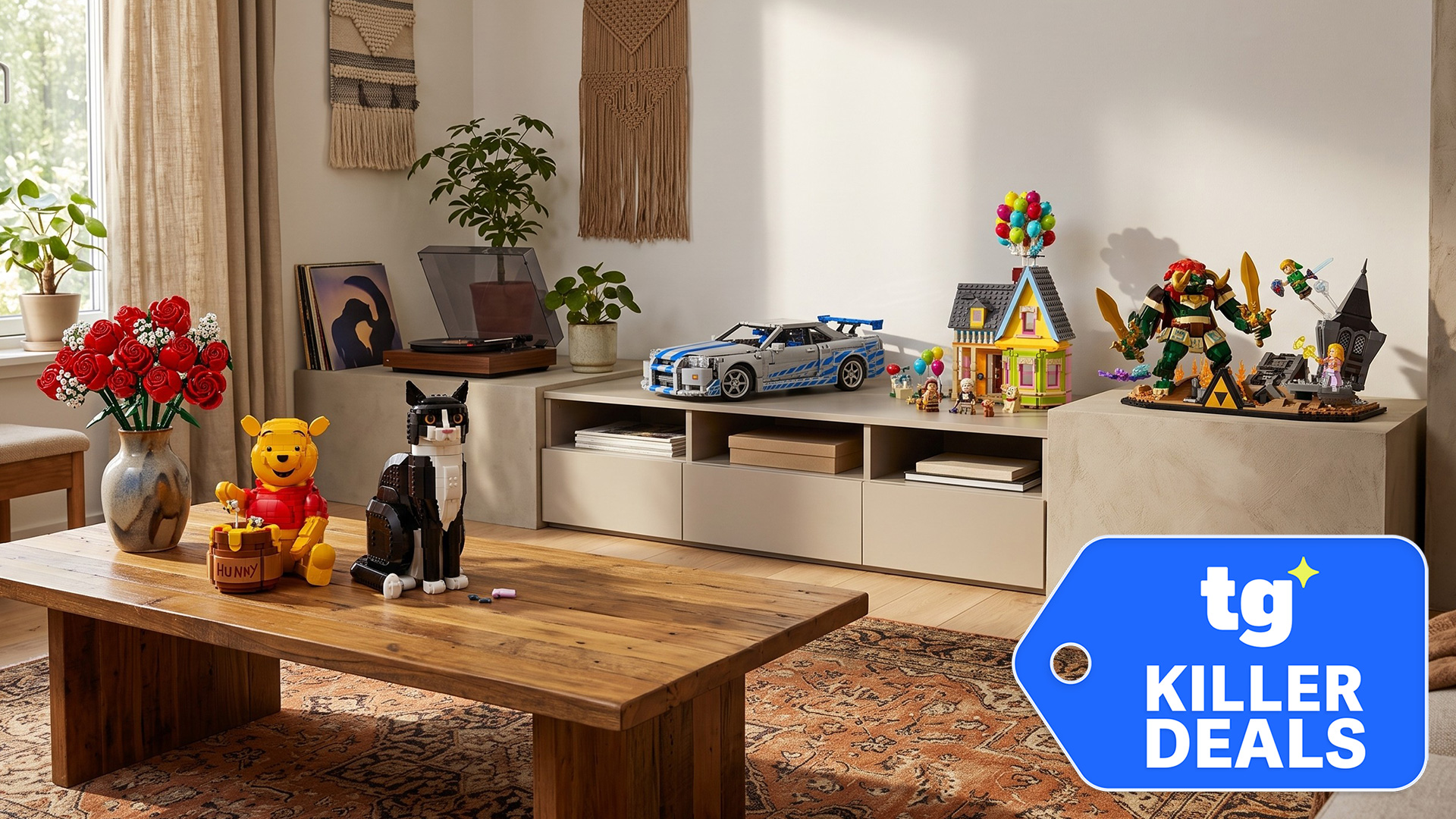 Various Lego sets displayed in a living room environment.