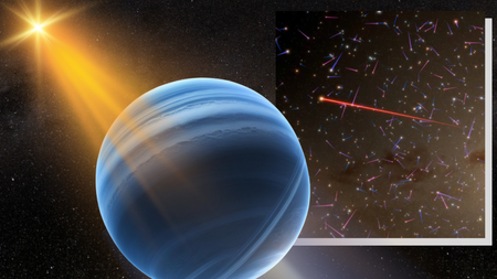 (Main) an illustration shows a Neptune like planet being dragged through space by its parent star (inset) Image visualizes stars near the center of our Milky Way galaxy. with colorfuls trail indicating its speed. The longer and redder, the faster a star is moving