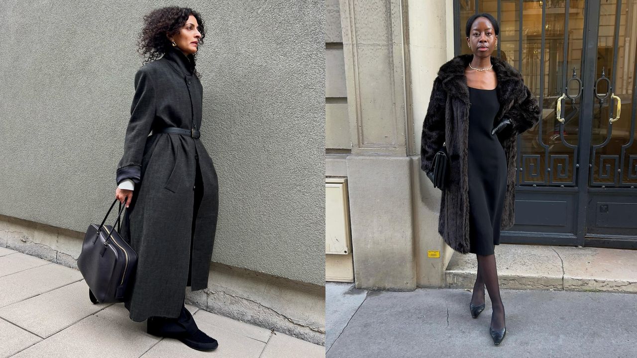 Influencers wearing anti-basic winter outfits with cinched-waist jacket, loafers, fur coat, and black dress.