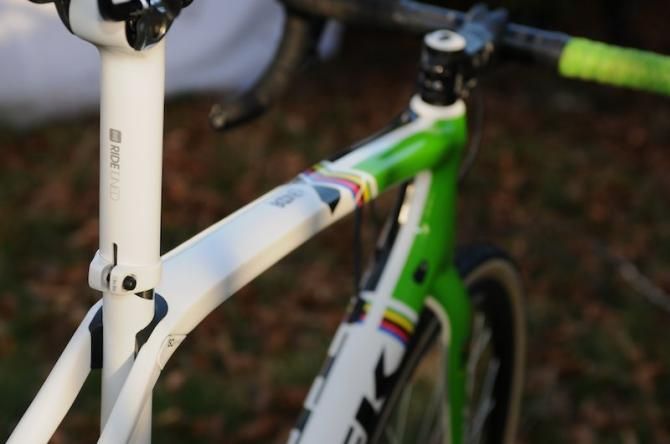 The rear view shows how the IsoSpeed seat tube decoupler looks as the seat tube crosses the top tube and chain stays. Trek's innovative externally telescoping seatpost is a practical solution for adjustment and keeping filth out of the frame