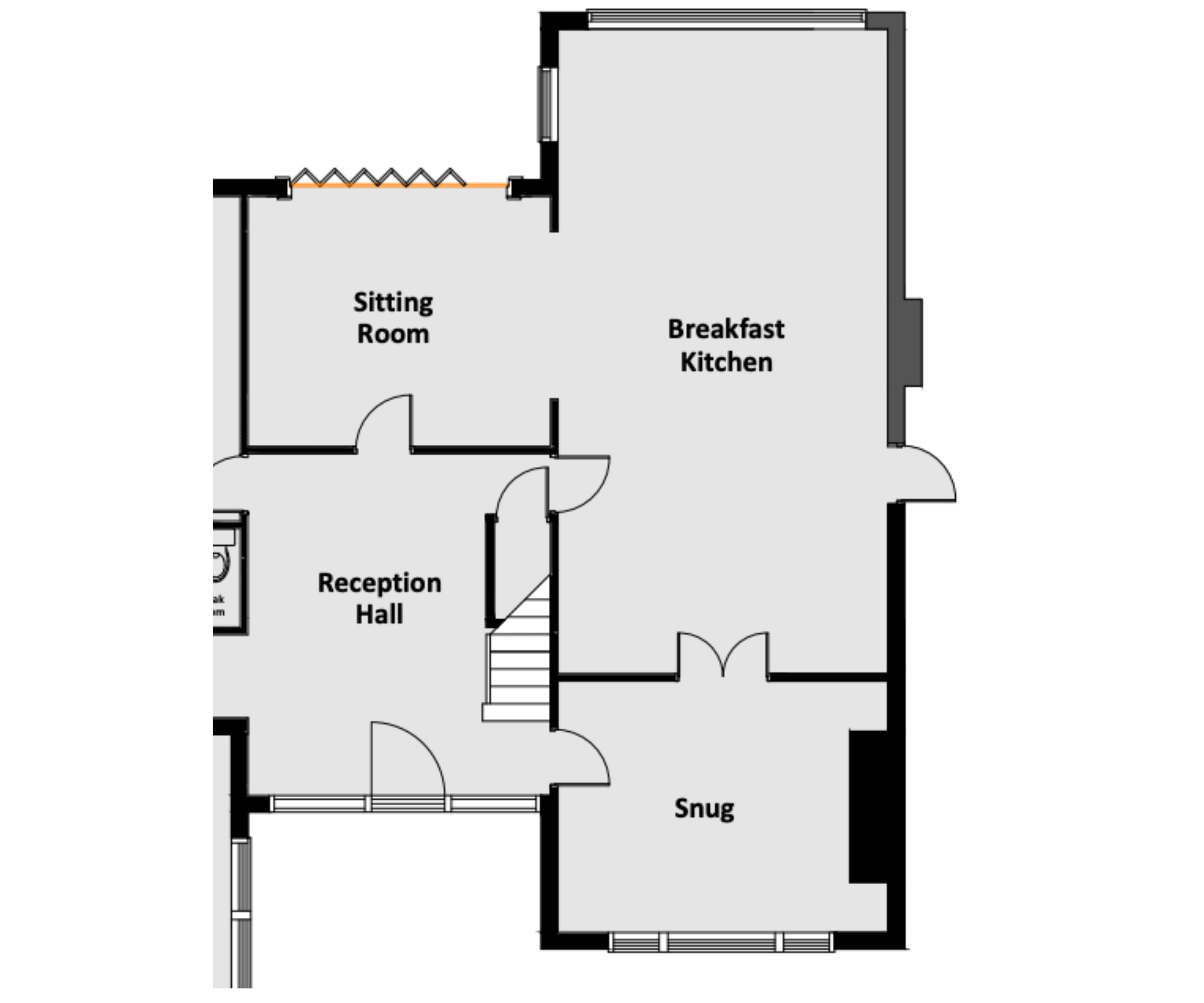 Floor plan of Laura's ground floor, featuring a breakfast kitchen, snug, sitting room, and reception hall