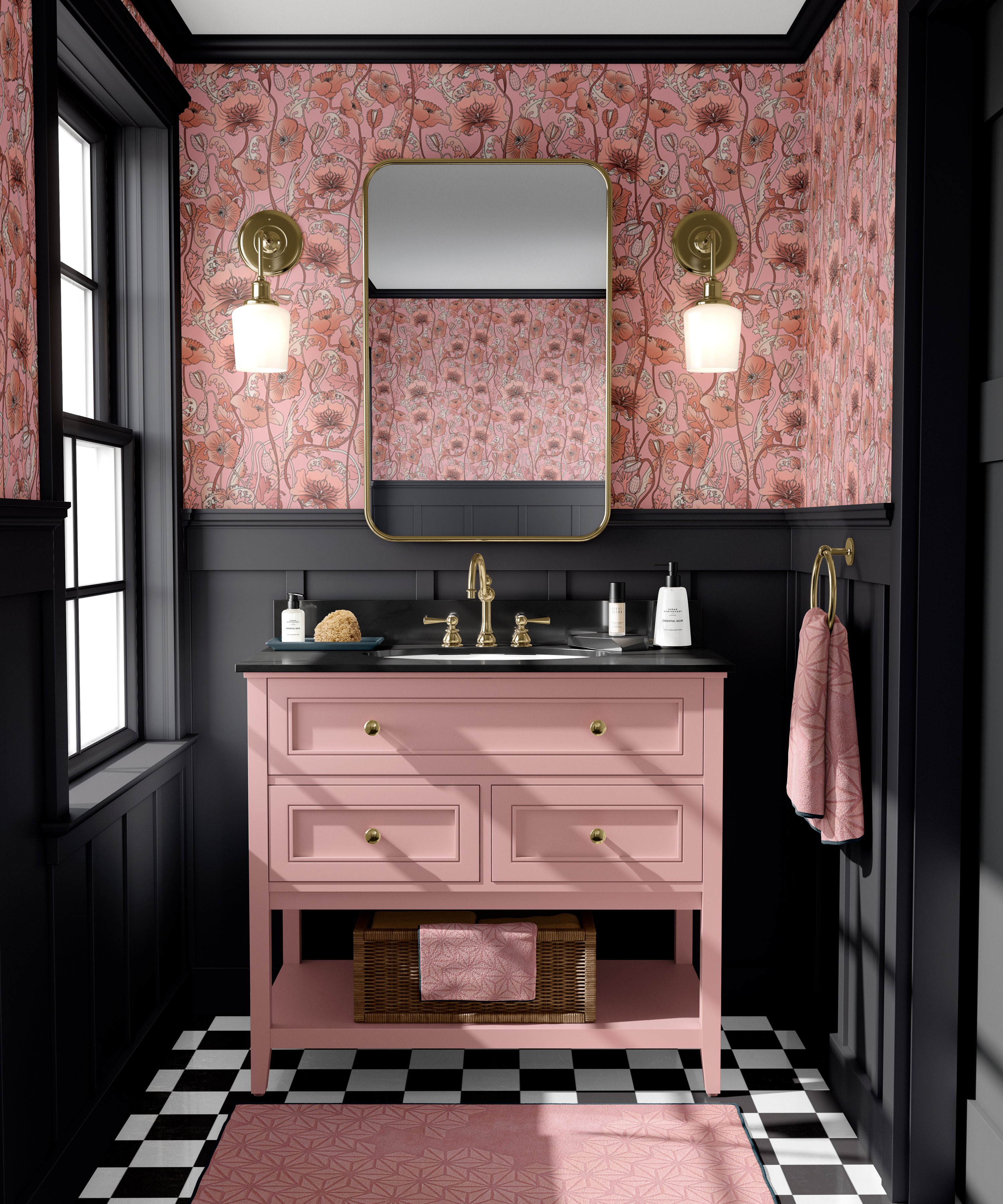 Black bathroom idea: blush opium printed wallpaper in bathroom