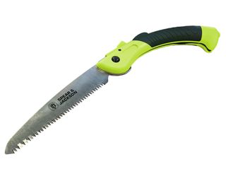 a folding hand saw with a lime coloured handle by Spear and Jackson