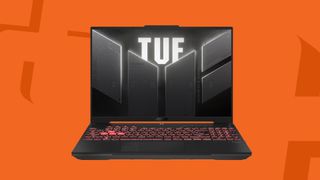 Asus TUF A16 gaming laptop on an orange background