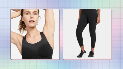 Collage of Nike sports bra and leggings