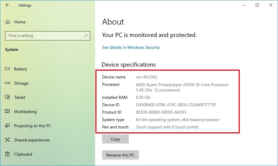 Hardware specs on Windows 10 Settings